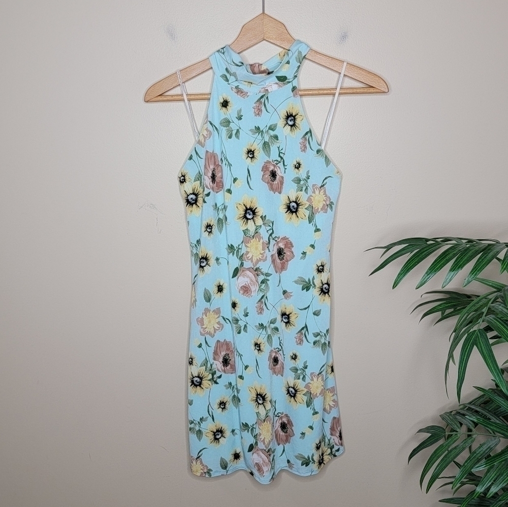 Judith March Light Blue Floral Tie Back High Neck Halter Dress Size Small